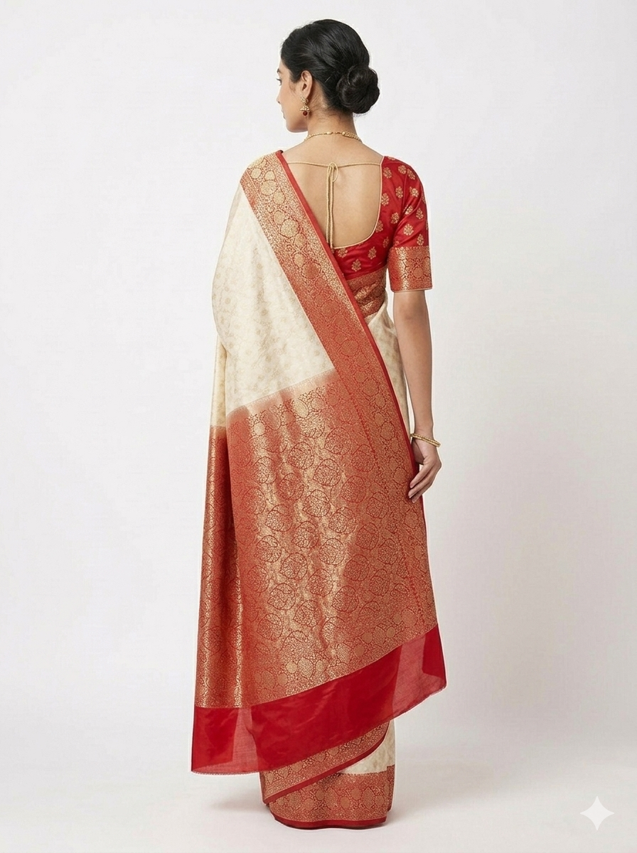 Rear view of a woman wearing an off-white silk Banarasi saree with a broad red border and gold zari floral patterns, paired with a matching red blouse with gold embroidery.
