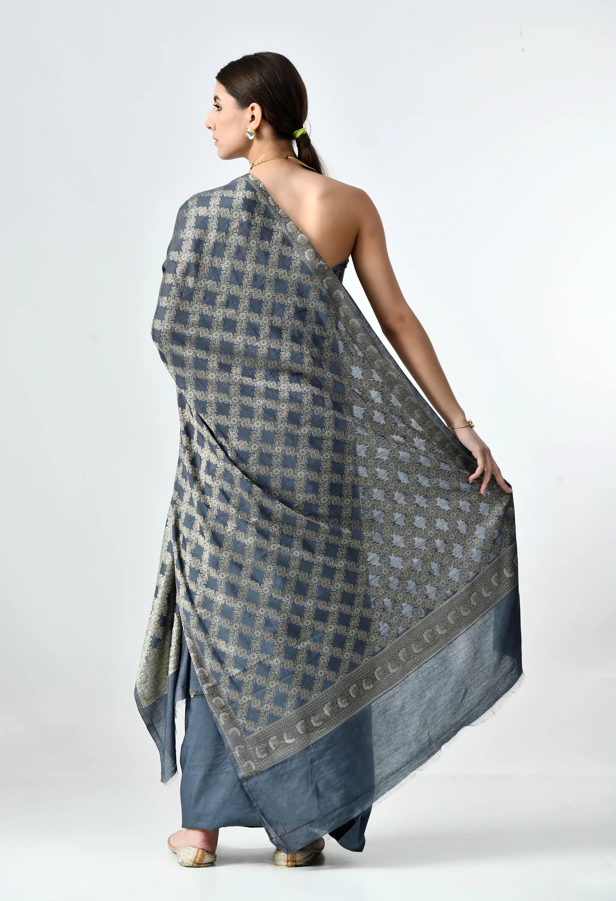Grey Muga Silk Unstitched Banarasi Suit Set