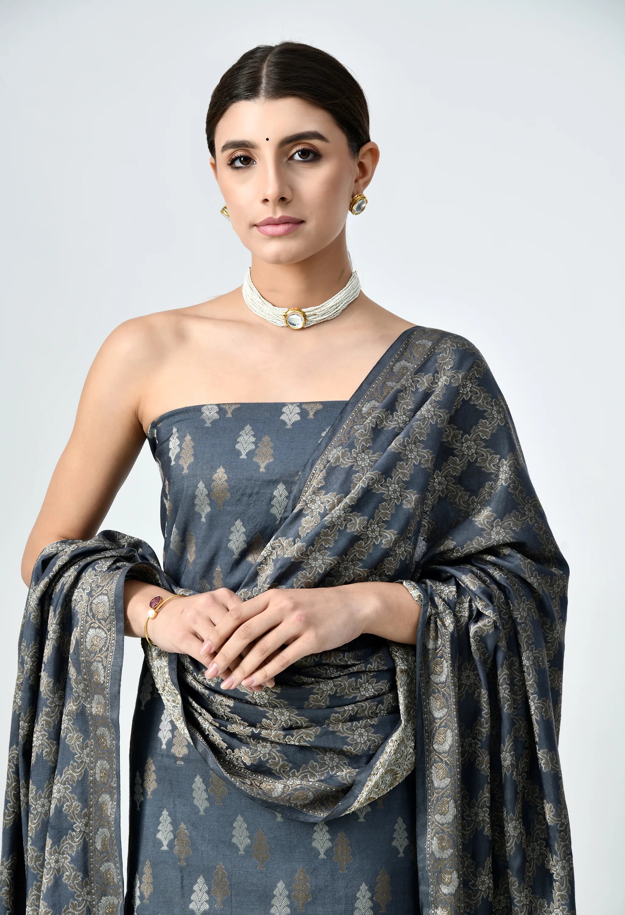 Grey Muga Silk Unstitched Banarasi Suit Set