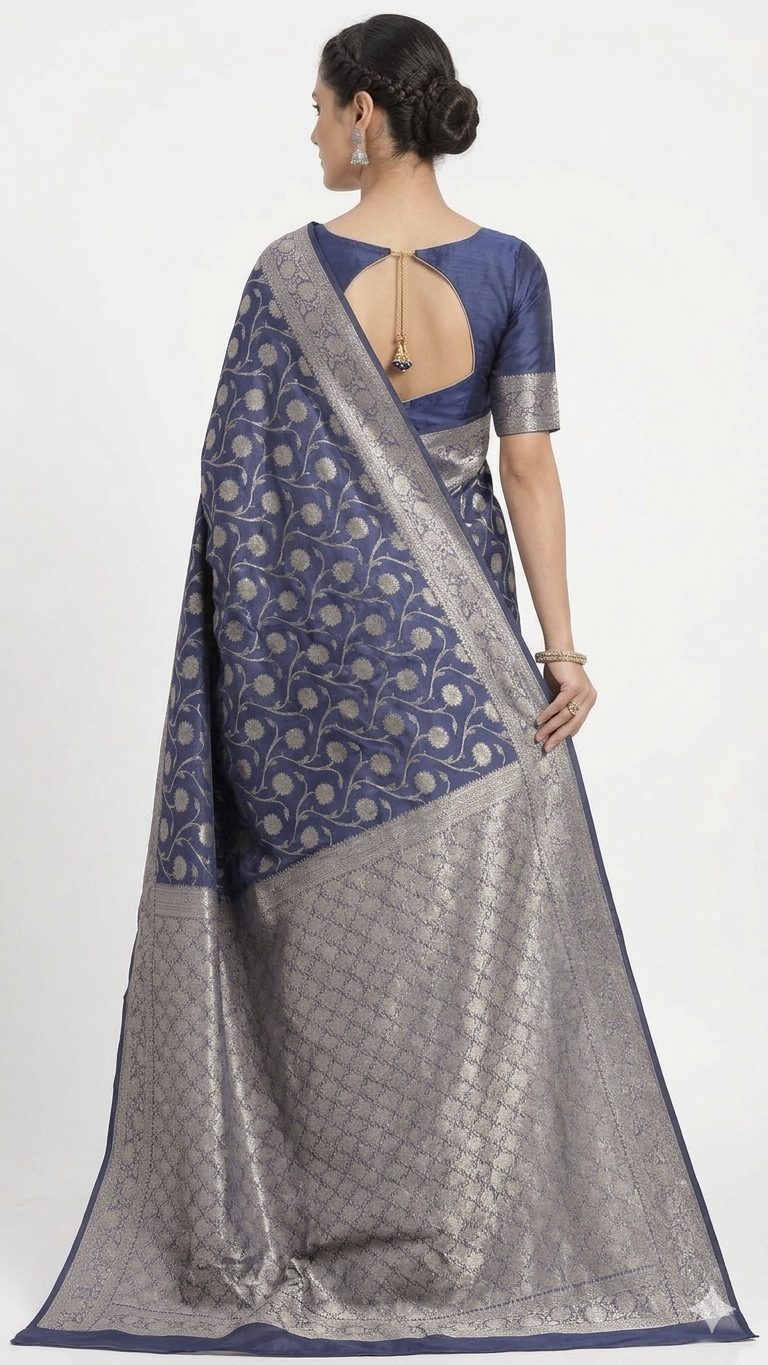 Rear view of a woman wearing a navy blue Banarasi silk saree with silver floral motifs and an ornate silver border, featuring a matching blue blouse with a circular keyhole back design.
