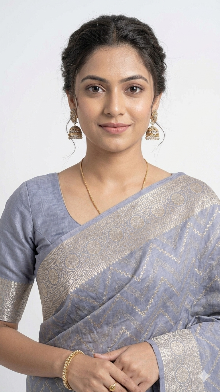 Close-up front view of a woman wearing a light blue Banarasi silk saree with silver floral motifs and an ornate silver zari border, paired with a matching blue blouse and traditional jewelry