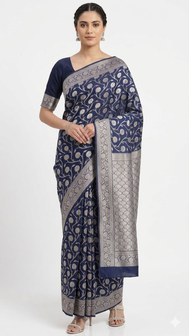A woman wearing a navy blue Banarasi silk saree with silver floral patterns and a broad silver zari border, posed against a plain white background.