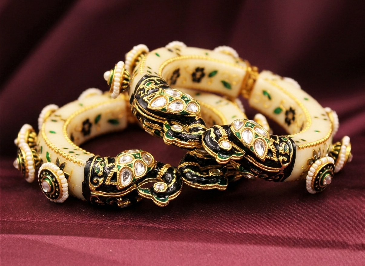Handcrafted off-white peacock kada with Meenakari work, Kundan stones, and pearl-studded clusters.