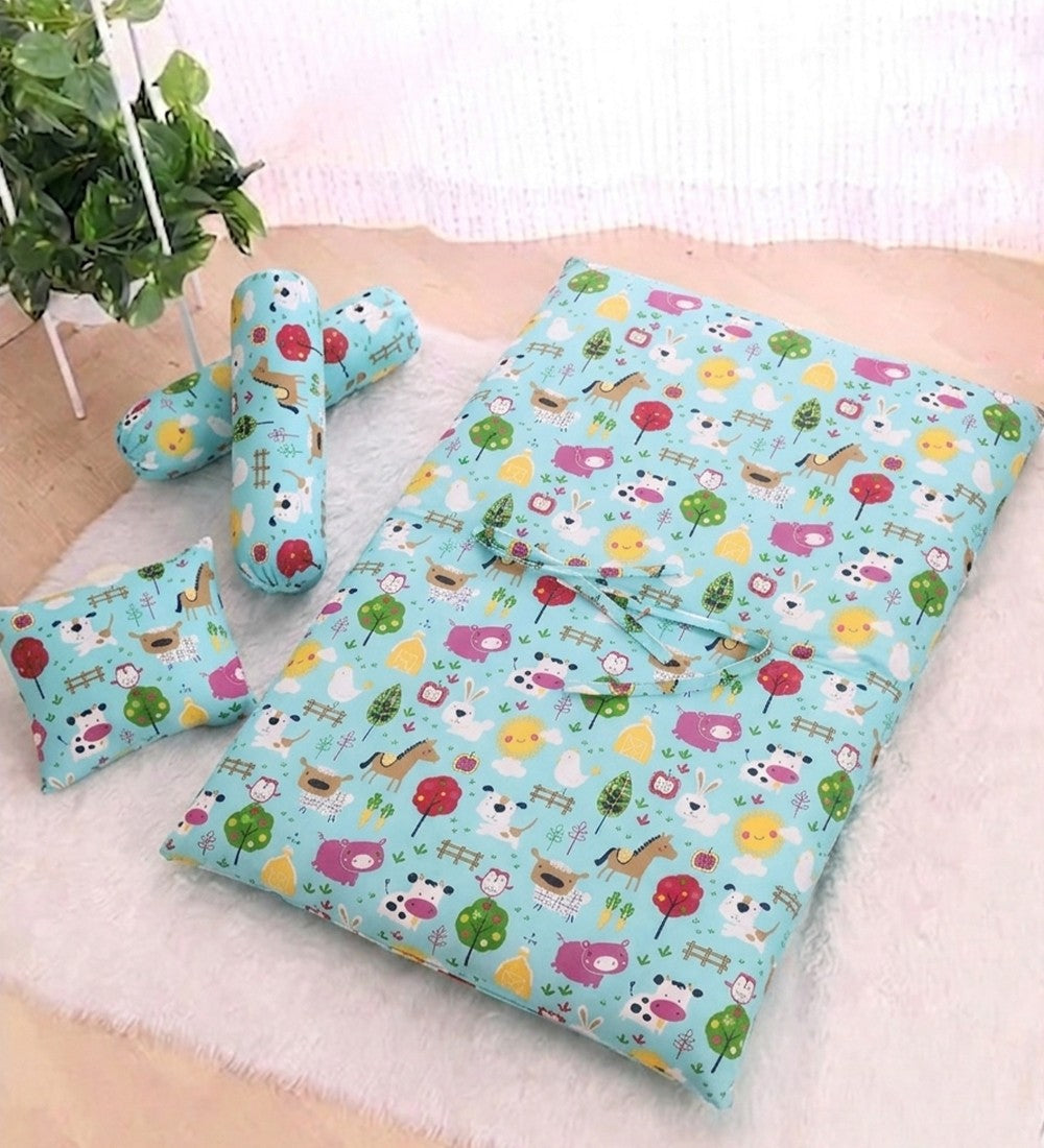Premium 4-piece baby bedding set in sea-green, featuring a 100% breathable cotton mattress, matching neck support pillow, and two bolsters with a vibrant farm animal print for infants.
