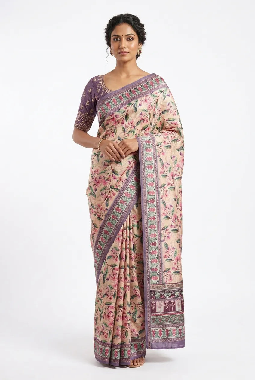 A woman wearing a beige silk blend saree featuring pink floral prints, a broad purple border with ethnic patterns, and a matching embroidered blouse.
