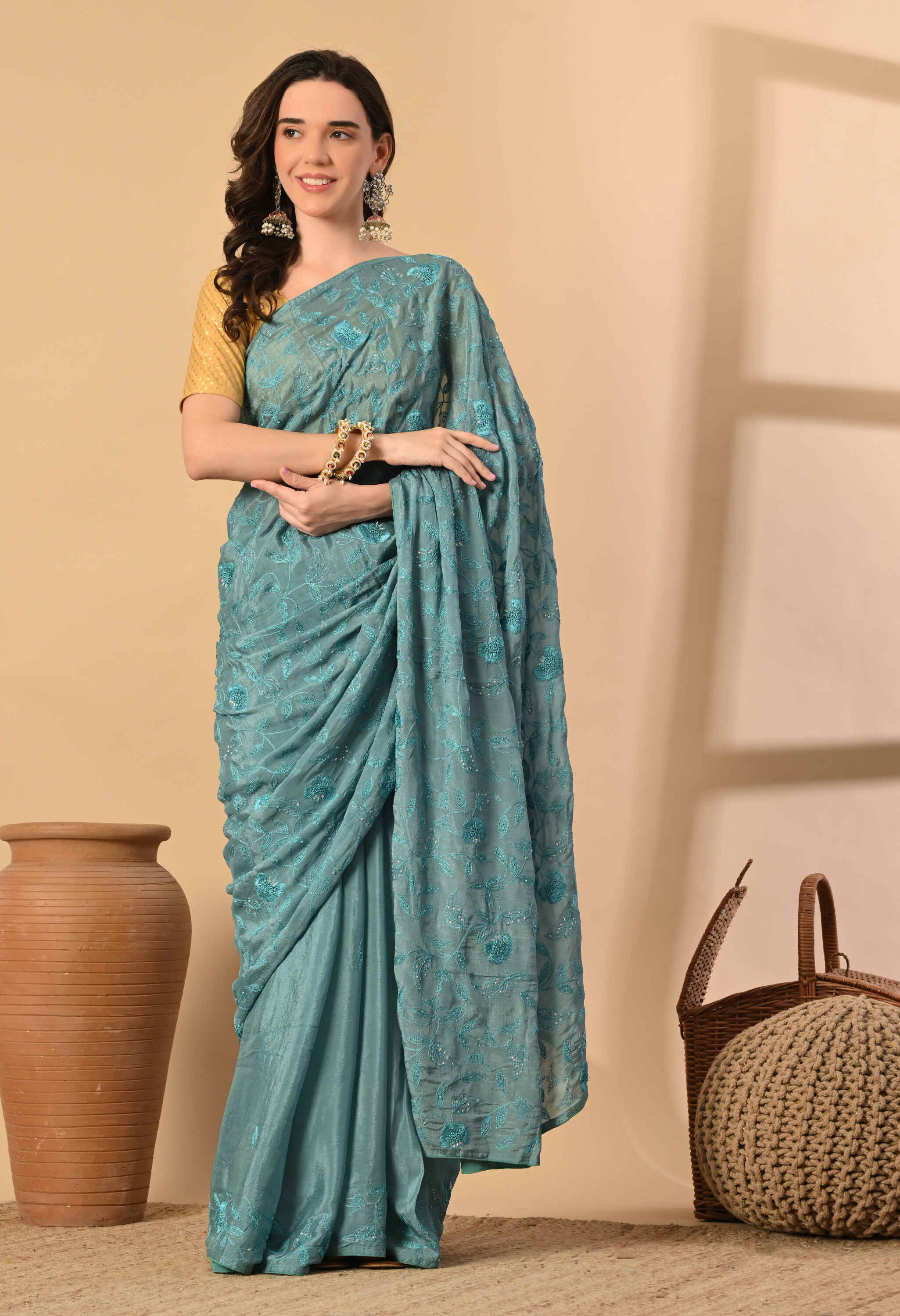 Party wear chinon chiffon saree with handwork