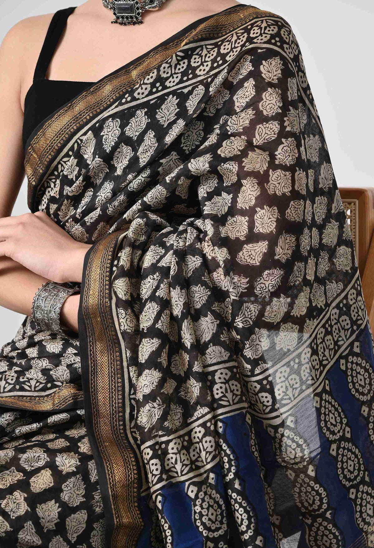 Handblock Cotton Black Saree