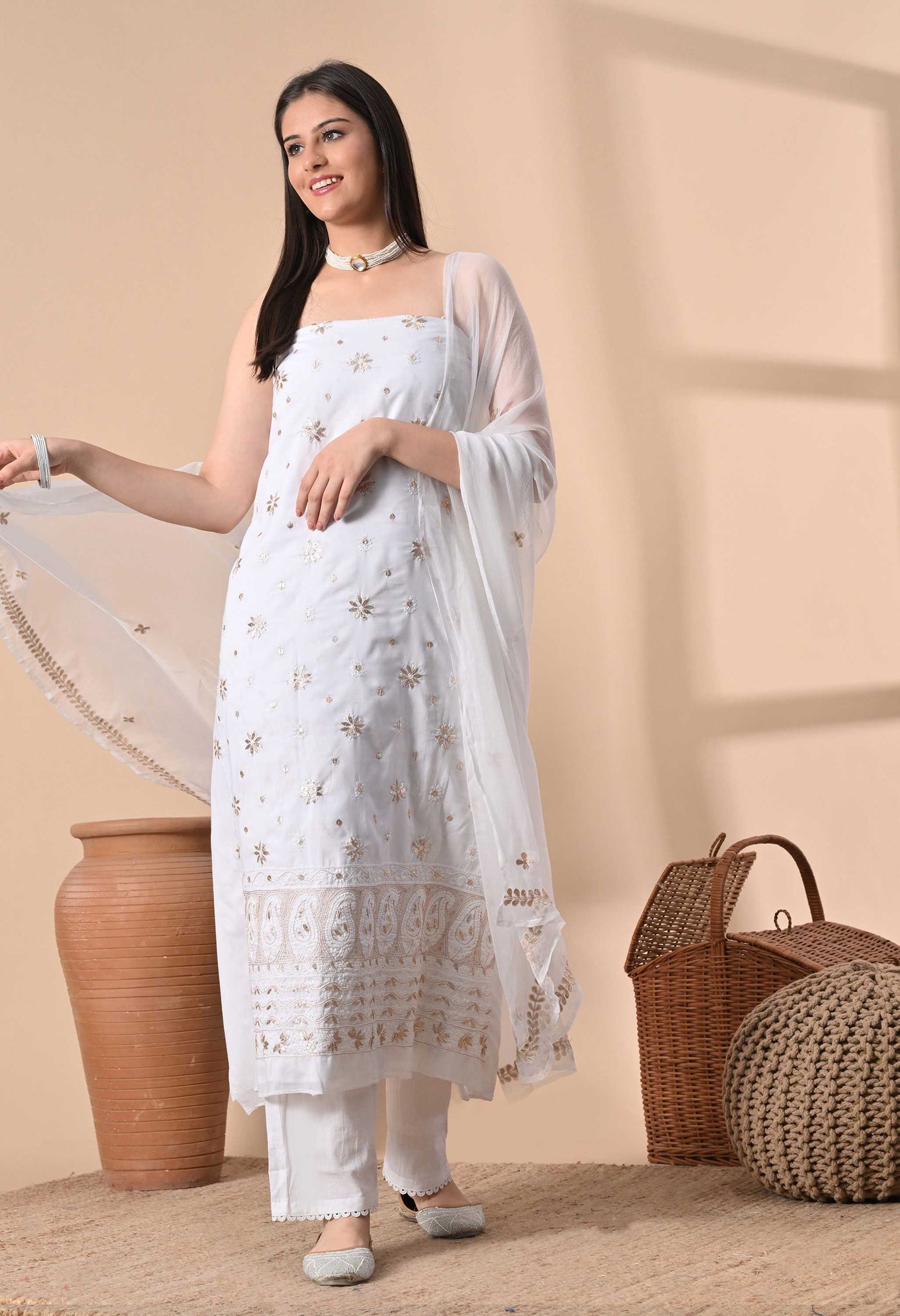 Authentic Chikankari Hand-Embroidered Cotton Unstitched Suit Set  The  Weavers Shop by Raavi