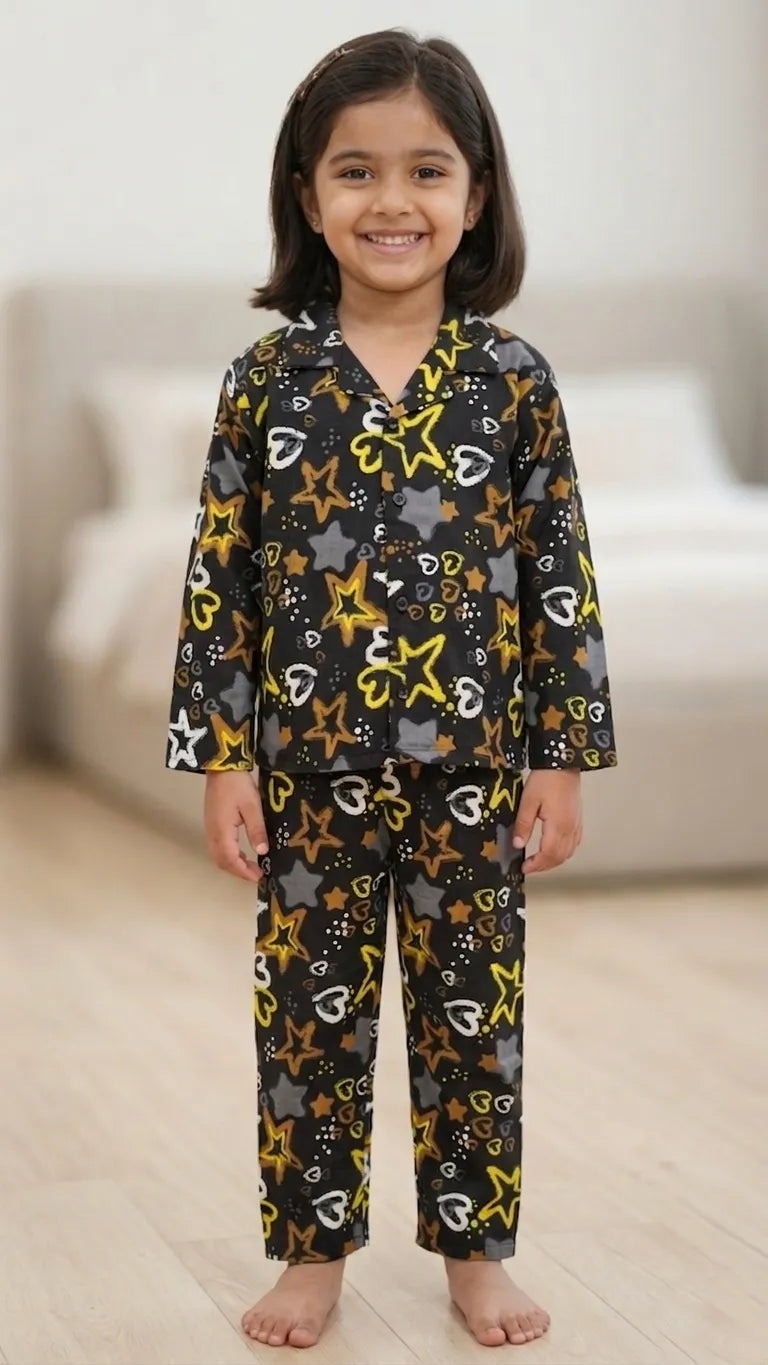 A child smiling while wearing a black cotton night suit featuring a yellow star and white heart print.
