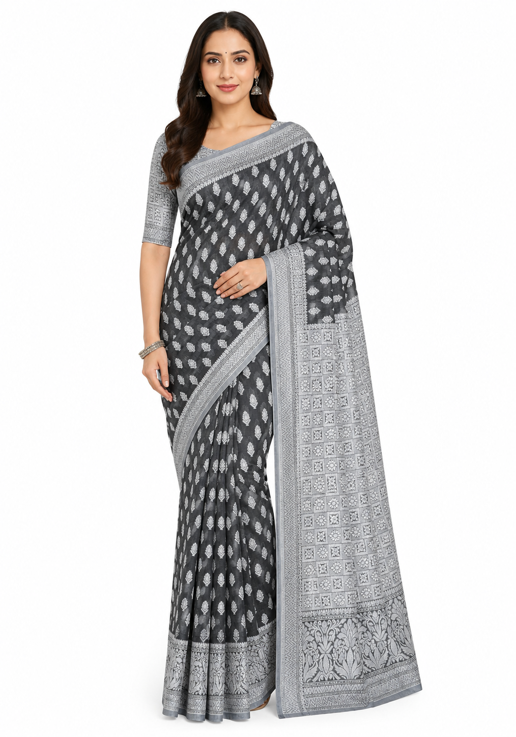 Black & Silver-Toned Woven Design Banarasi Saree with Unstitched Blouse Piece