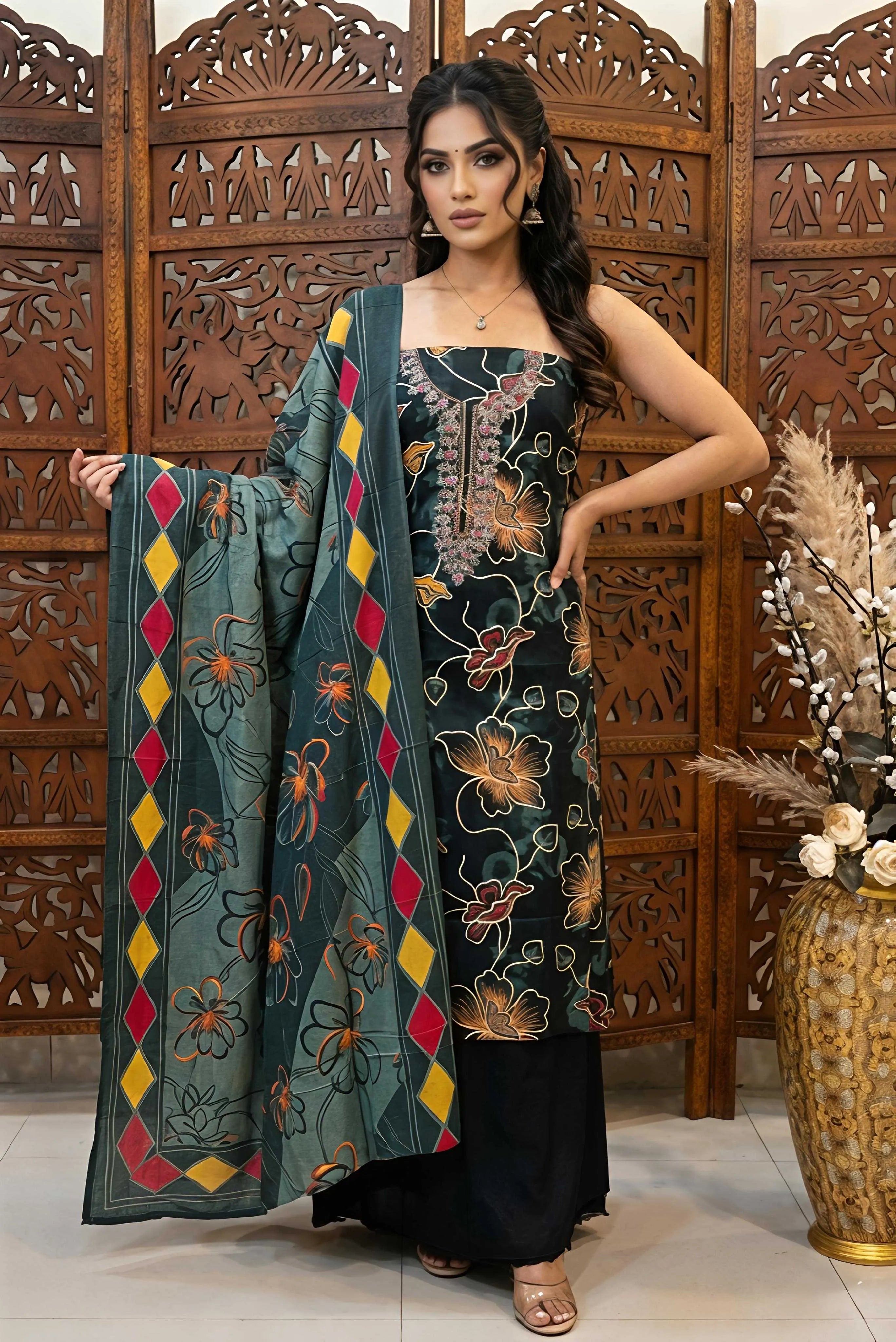 Dark green unstitched cotton dress material with floral print and embroidered neckline displayed on a mannequin.
