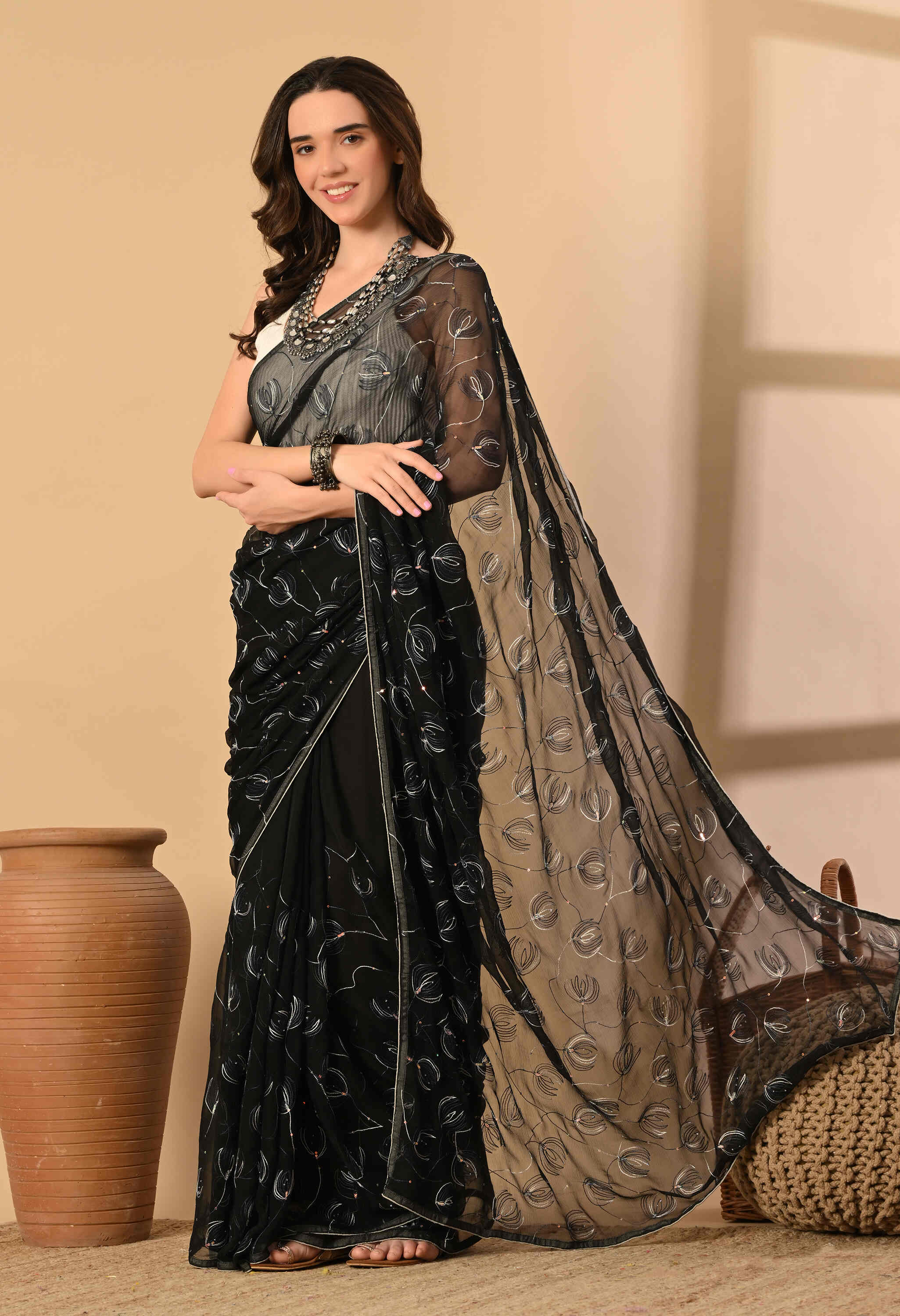 Chiffon Party Wear Black Saree