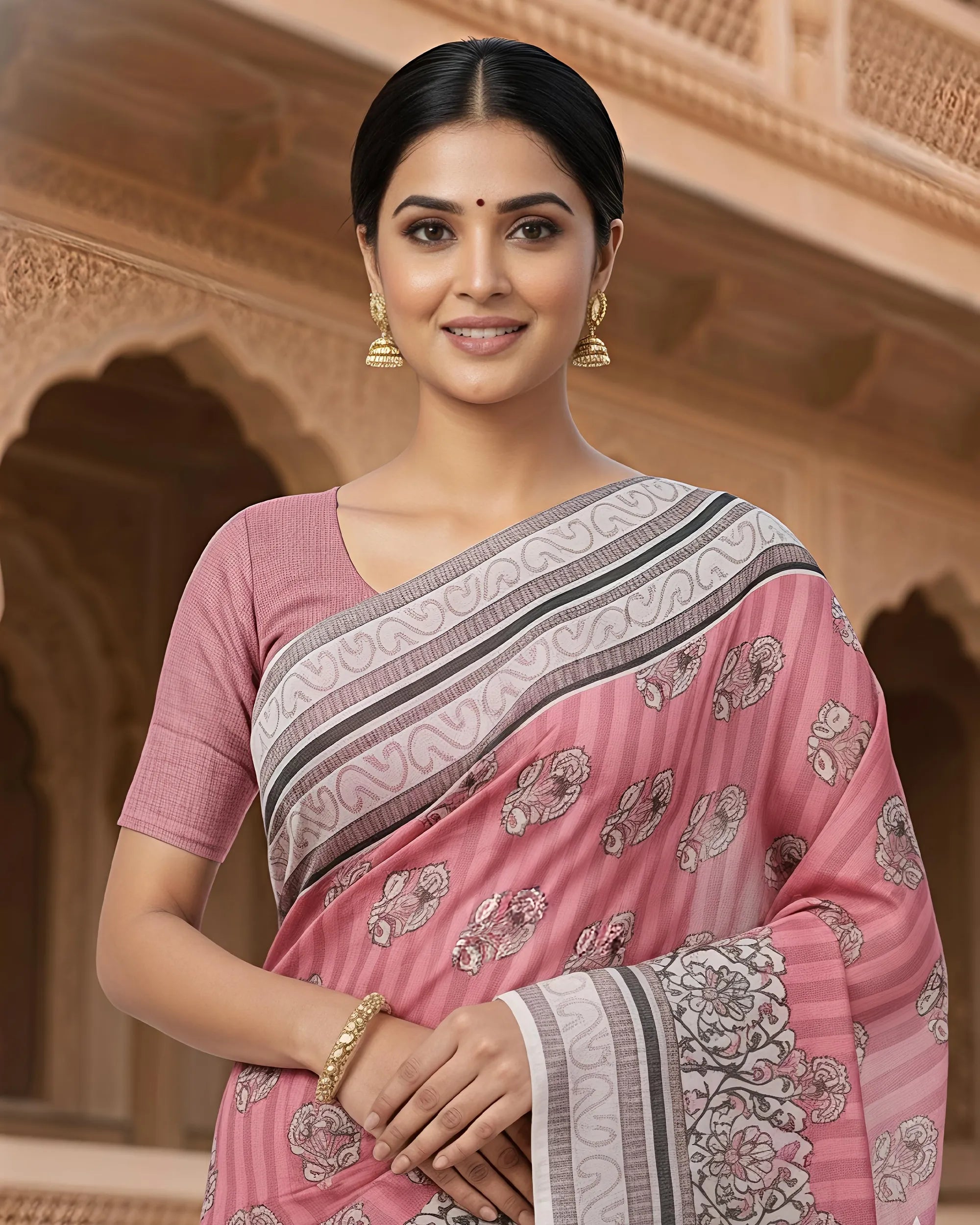 Close-up shots of the pink cotton saree, highlighting the lightweight texture and the artisanal quality of the handblock printing by The Weavers Shop.