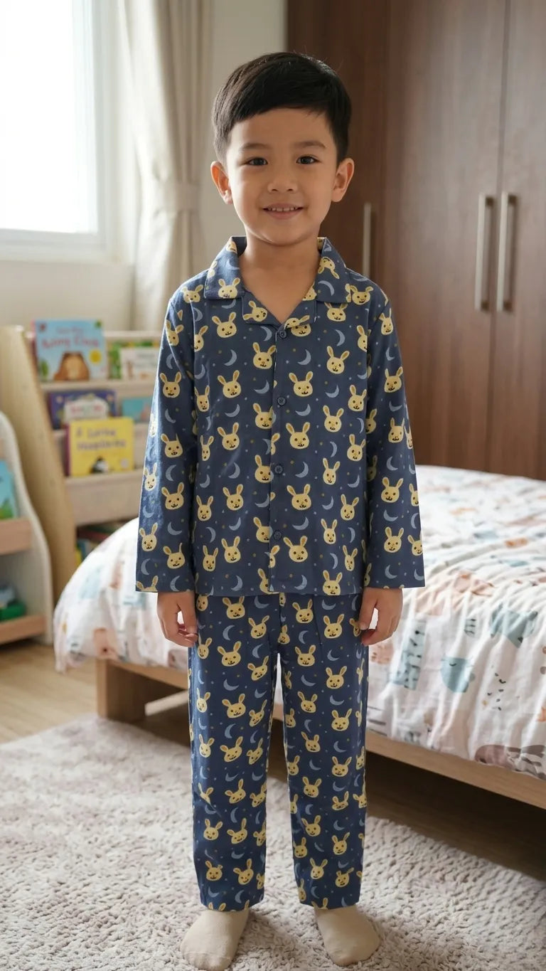A young boy standing in a bedroom wearing a navy blue night suit with yellow bunny and blue moon prints.