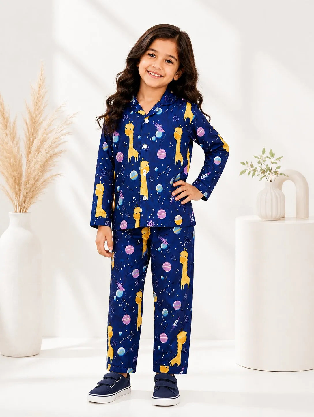 A young girl standing against a white background, wearing a navy blue long-sleeved button-up pajama set with a yellow giraffe and planet print