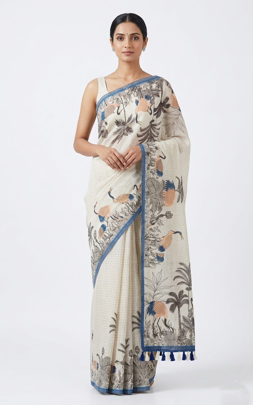A woman modeling an off-white cotton saree with blue and brown crane prints, featuring a thin blue border and hanging tassels.
