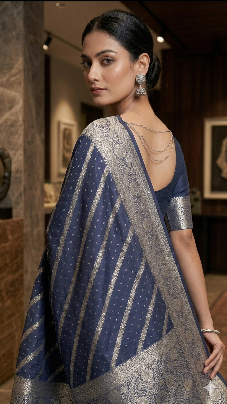 Navy Blue & Silver-Toned Silk Blend Zari Woven Leheriya Saree