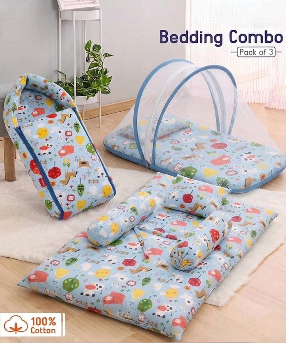 Blue and white printed 3-in-1 infant bedding combo featuring a zip-up carry nest, a breathable mesh mosquito net mattress, and a gadda set with a head-shaping pillow and side bolsters.