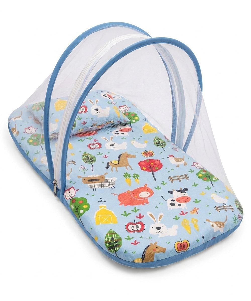 Portable pure cotton baby nest with integrated mosquito net and matching pillow, featuring a colorful animal farm print for infants 0-6 months.