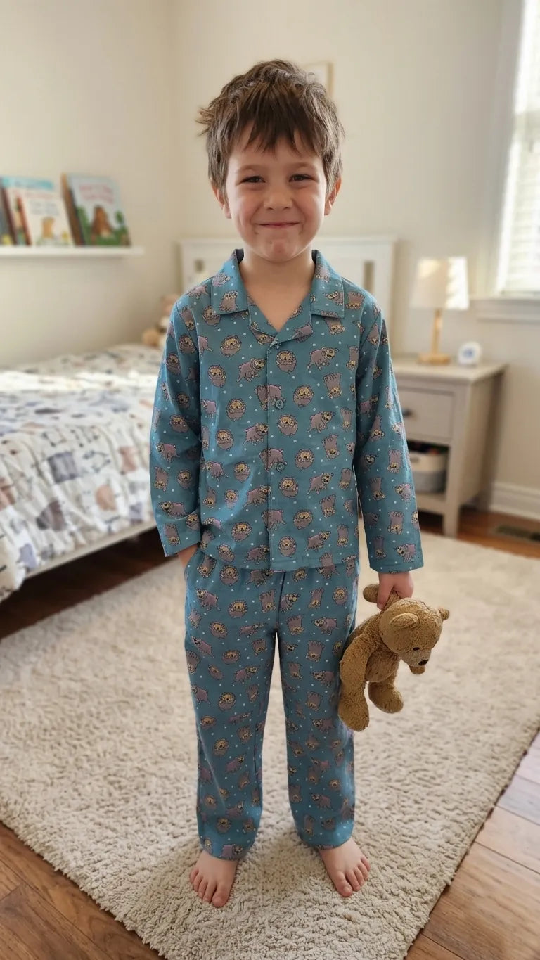 A smiling young boy holding a teddy bear, wearing a teal blue and grey pure cotton notched-collar night suit with a playful hedgehog print, standing in a brightly lit bedroom.