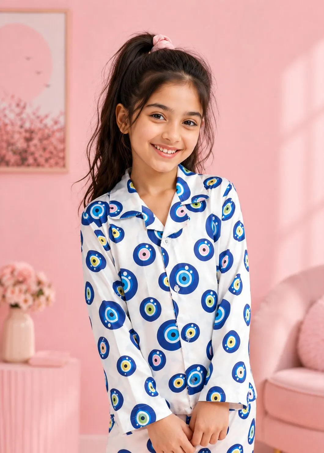 A smiling young girl with her hair tied back in a ponytail is wearing a white long-sleeve pajama top. The fabric features a bold, all-over repeating evil eye pattern in deep blue, light blue, and yellow accents, set against a soft pink room background.