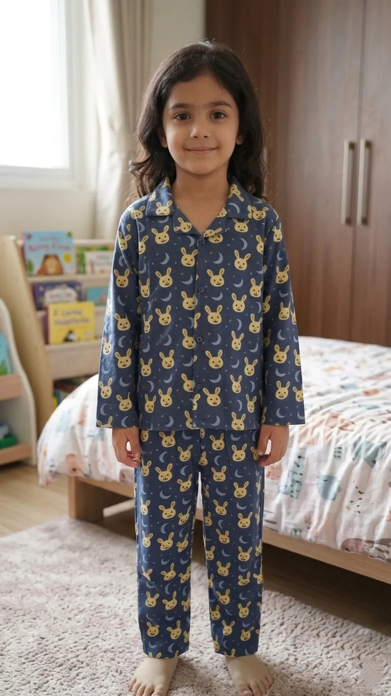 A young child wearing a navy blue cotton night suit with a yellow bunny and blue moon print.
