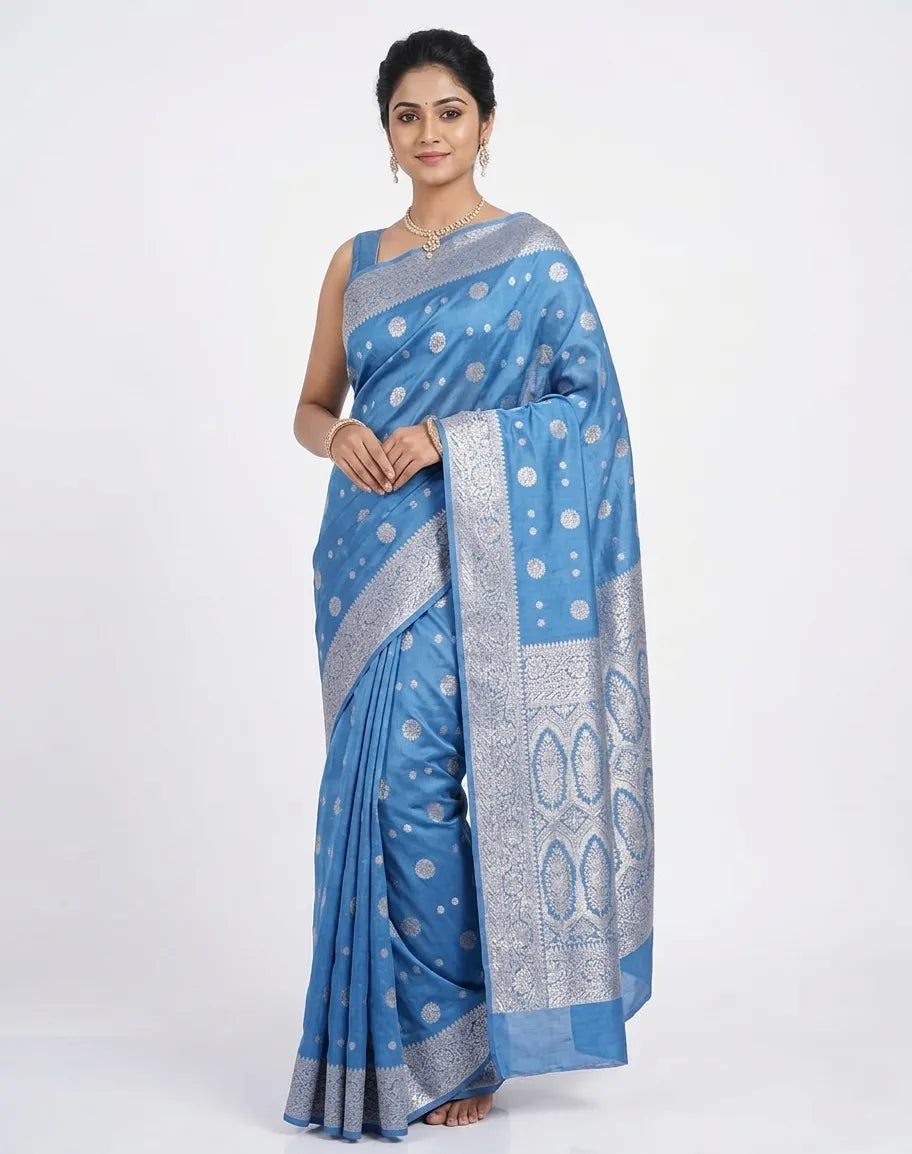 Blue and silver woven design Banarasi art silk saree with unstitched blouse.
