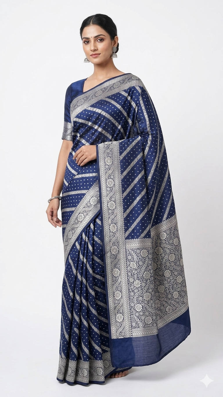 Navy Blue & Silver-Toned Silk Blend Zari Woven Leheriya Saree