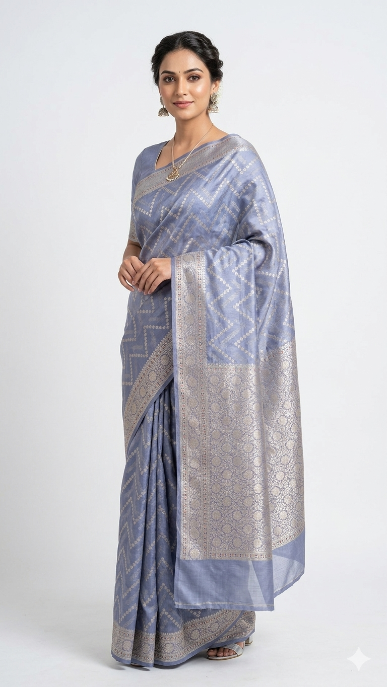 A woman wearing a light blue Banarasi silk saree with silver zari floral patterns and a broad, decorative border, posed against a plain white background.