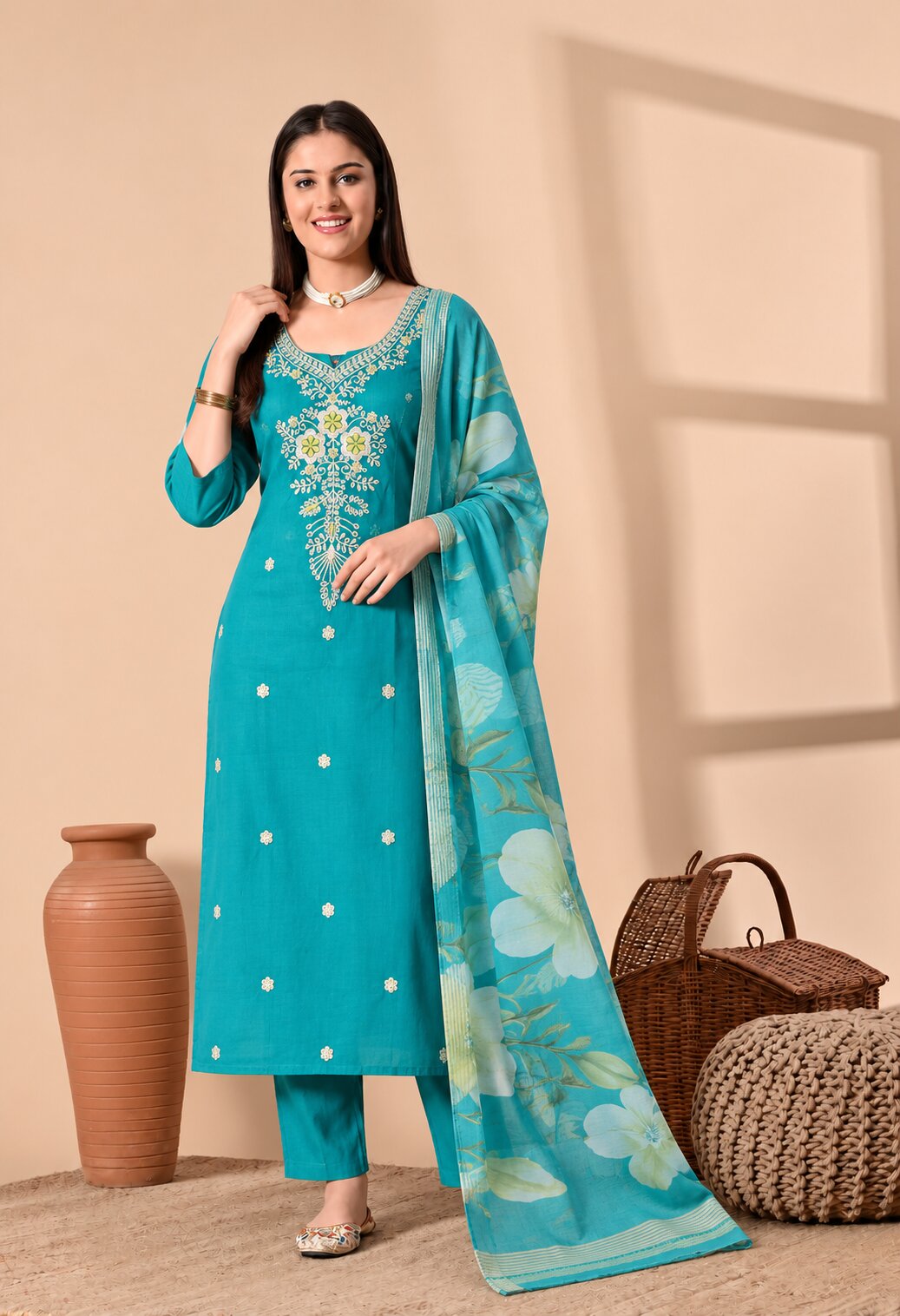 Turquoise blue straight-fit kurta suit set featuring intricate white and yellow floral embroidery on the neckline and front, matching straight pants, and a coordinating dupatta with large floral prints in light blue and yellow.