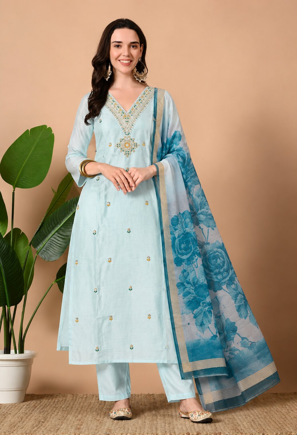 
Light blue ethnic kurta suit with intricate golden embroidery around the V-neckline, small embroidered motifs, matching trousers, and a blue floral printed dupatta with a decorative golden border.
