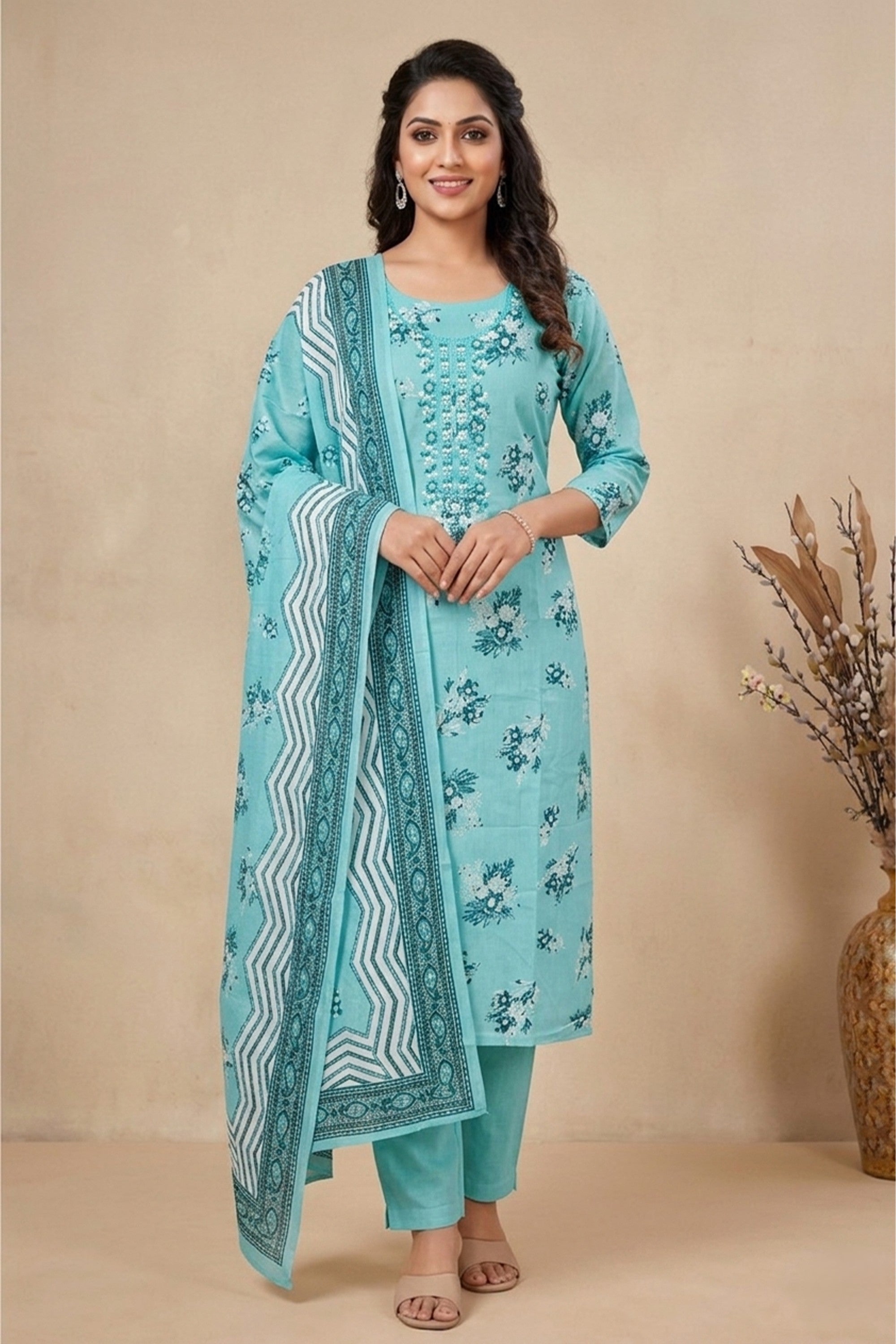A turquoise blue cotton unstitched suit featuring a floral print and an embroidered neckline, displayed with a matching printed dupatta on a mannequin.
