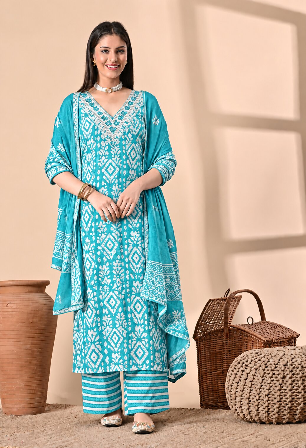 Turquoise blue ethnic kurta suit with white geometric prints, V-neckline, matching striped palazzo pants, and a coordinating dupatta with a printed border.