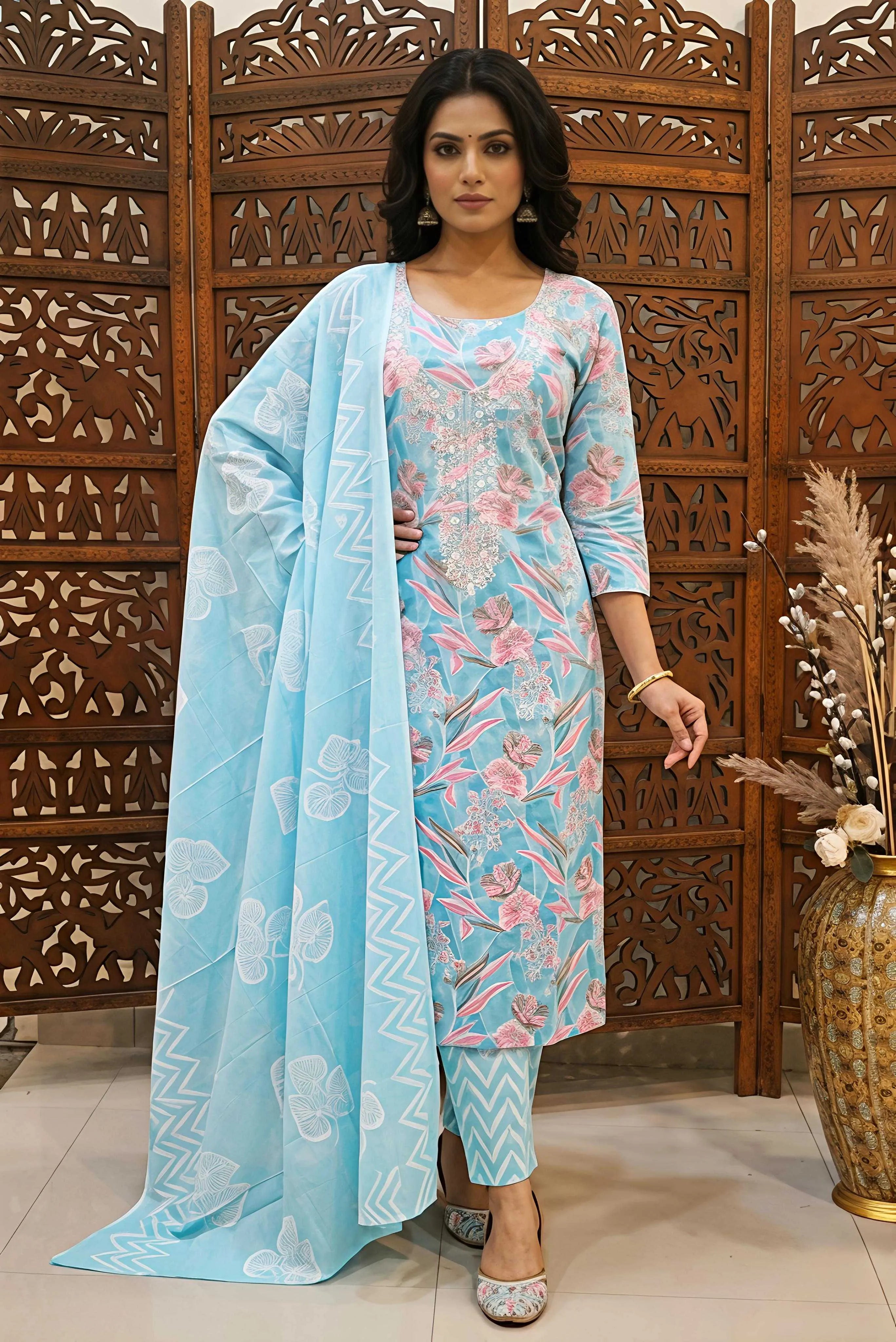 Sky blue and pink floral printed cotton unstitched dress material with white neck embroidery and printed dupatta displayed on a mannequin.
