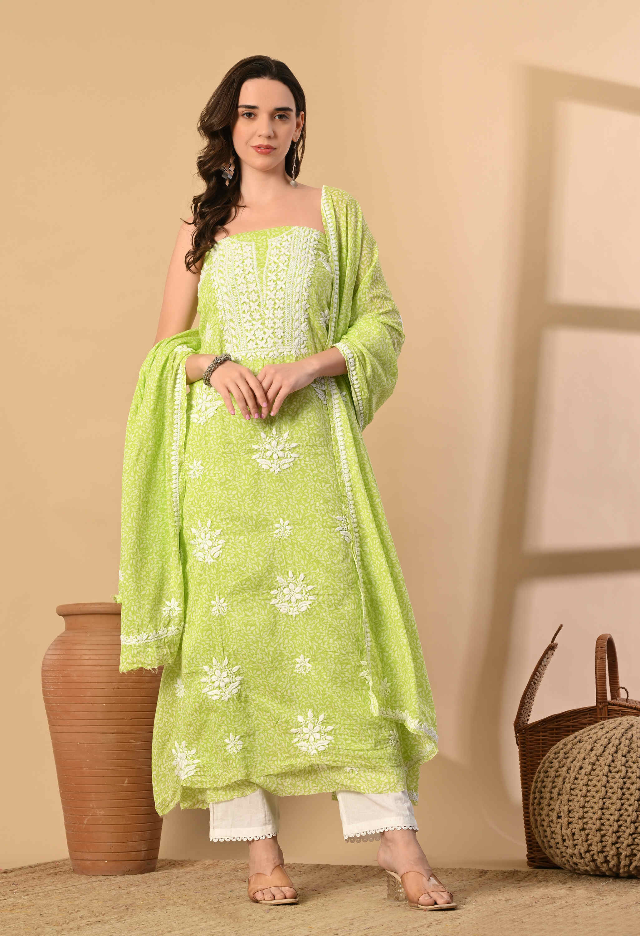chikankari green suit