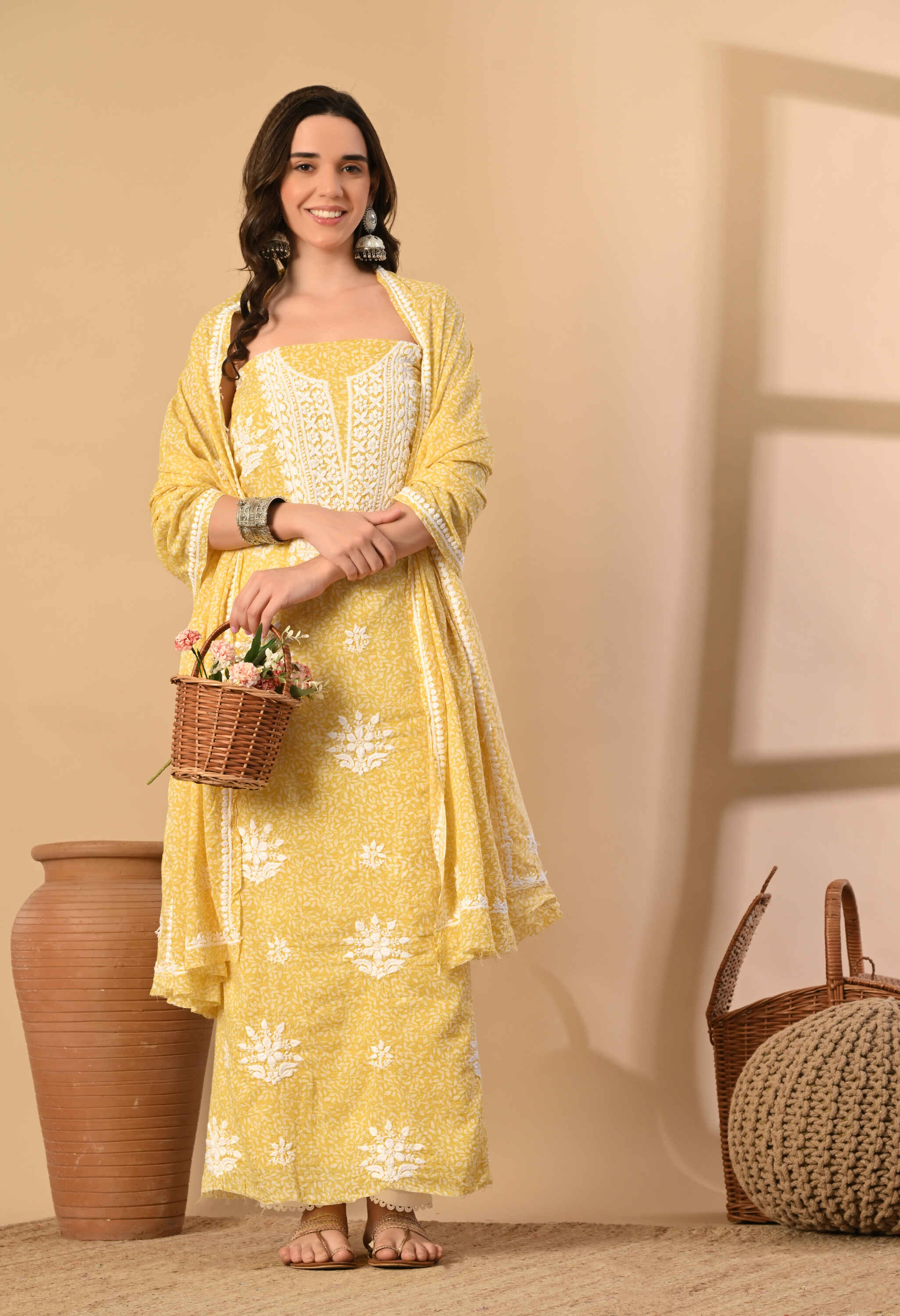 chikankari yellow suit