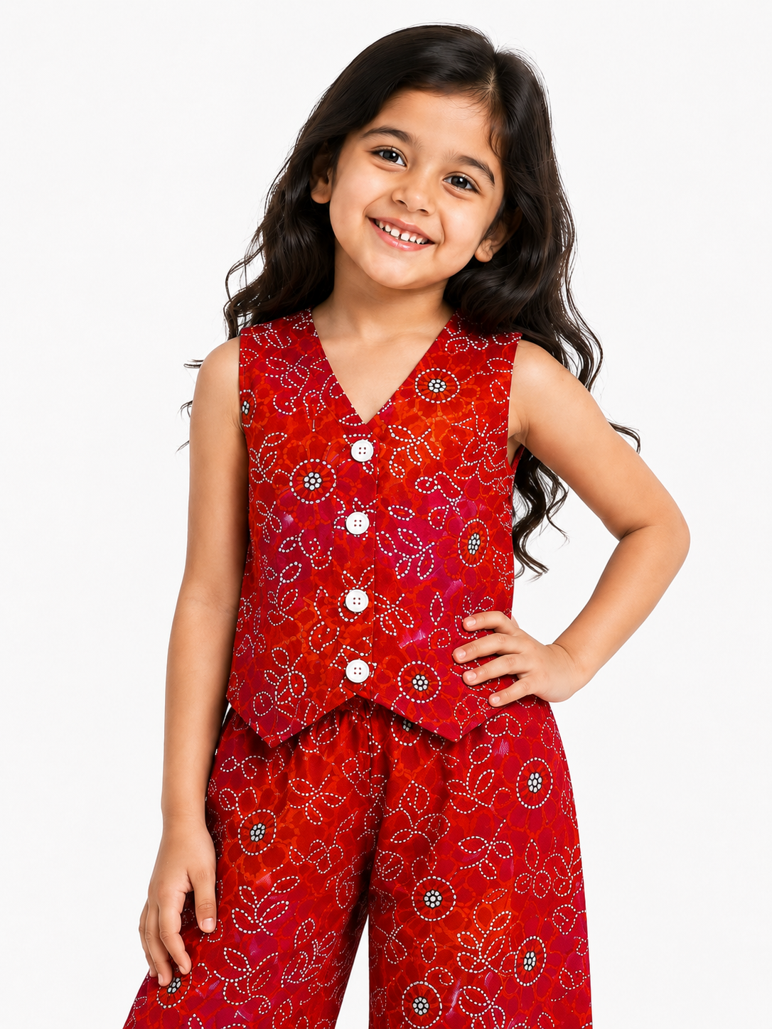 A young girl smiling in a vibrant red and orange pure cotton co-ord set featuring a traditional Bandhani print, comprising a sleeveless buttoned vest top and relaxed wide-leg trousers
