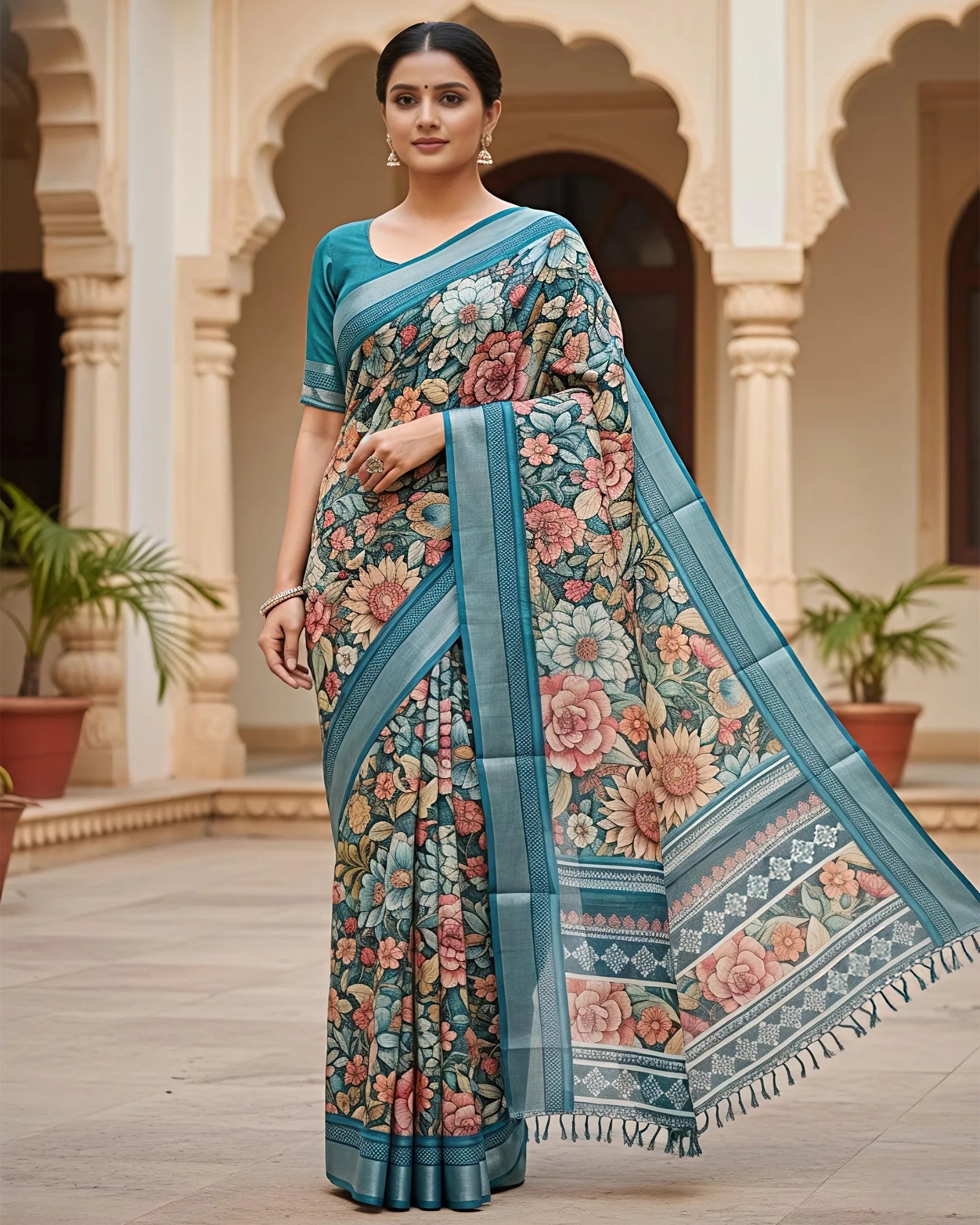 A woman modeling a teal green cotton saree by The Weavers Shop. The saree features an all-over vintage floral print in shades of peach, cream, and sage green, complemented by a wide metallic teal border and a matching solid-colored blouse with a sweetheart neckline.