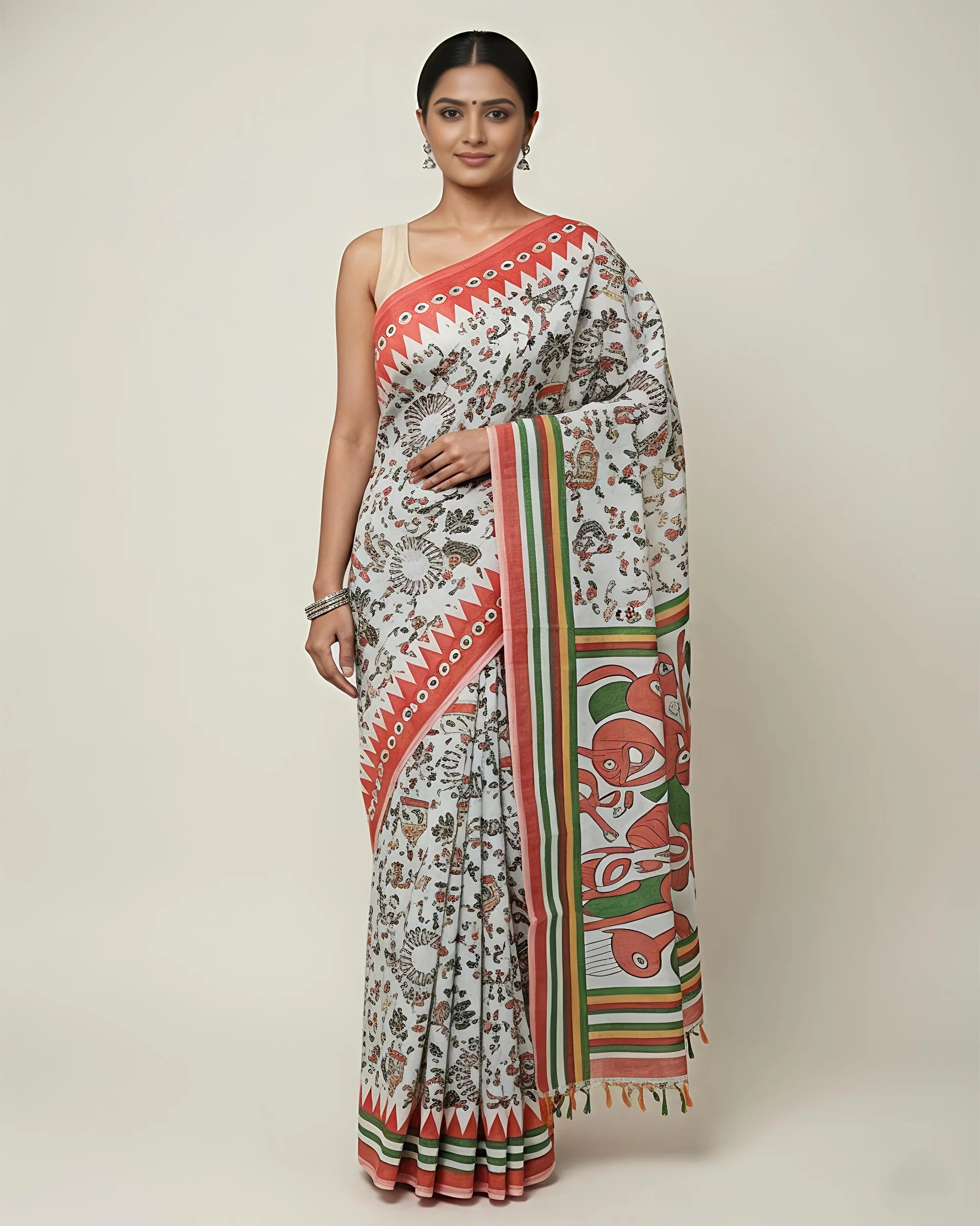 A woman modelling a white-coloured cotton saree by The Weavers Shop. The saree features delicate Warli prints across the body, a striking red sawtooth border, and a pallu decorated with traditional green and orange bird motifs.