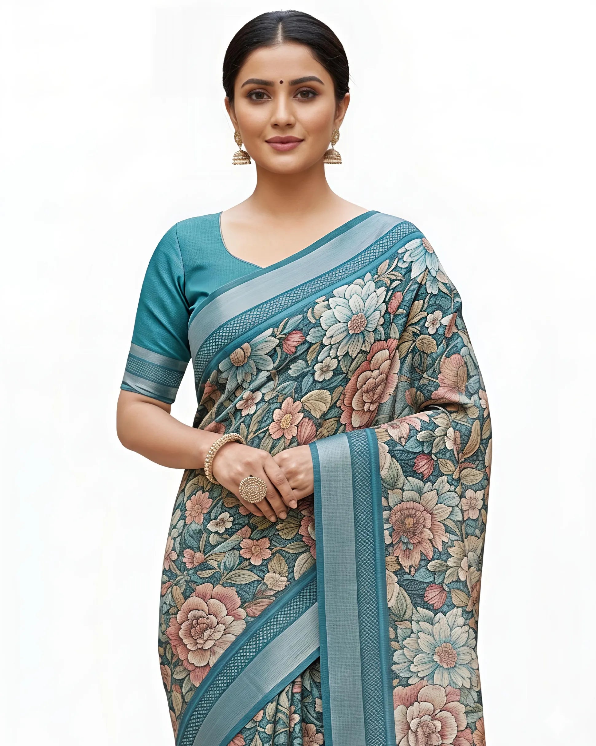 A close-up view of a woman modelling a teal green cotton saree by The Weavers Shop. The saree features an all-over vintage floral print in shades of peach, cream, and sage green, complemented by a wide metallic teal border and a matching solid-coloured blouse with a sweetheart neckline.