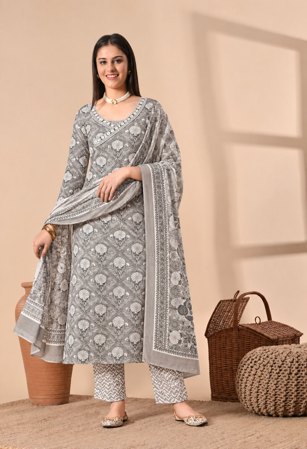 Grey printed ethnic suit set featuring an all-over traditional floral and geometric pattern, a matching dupatta with an intricate printed border, and coordinating patterned trousers. Designed with a round neckline, three-quarter sleeves, and an elegant straight kurta silhouette, perfect for festive occasions, casual gatherings, and everyday ethnic wear.