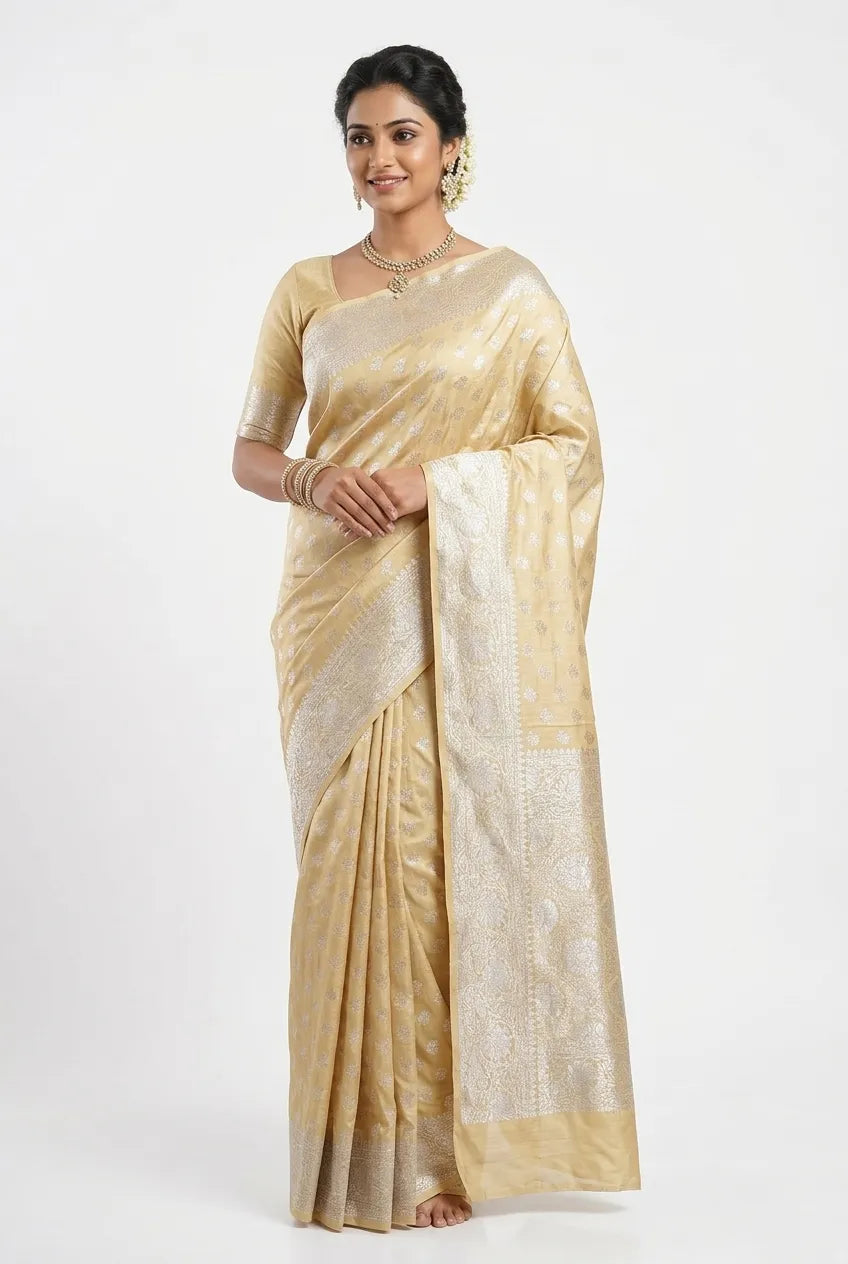 Cream and gold woven Banarasi art silk saree with silver zari work and matching blouse.
