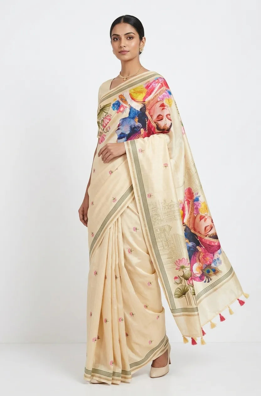A woman modeling a cream silk blend saree featuring a colorful Radha Krishna digital print on the pallu, pink floral embroidery on the body, and decorative tassels.
