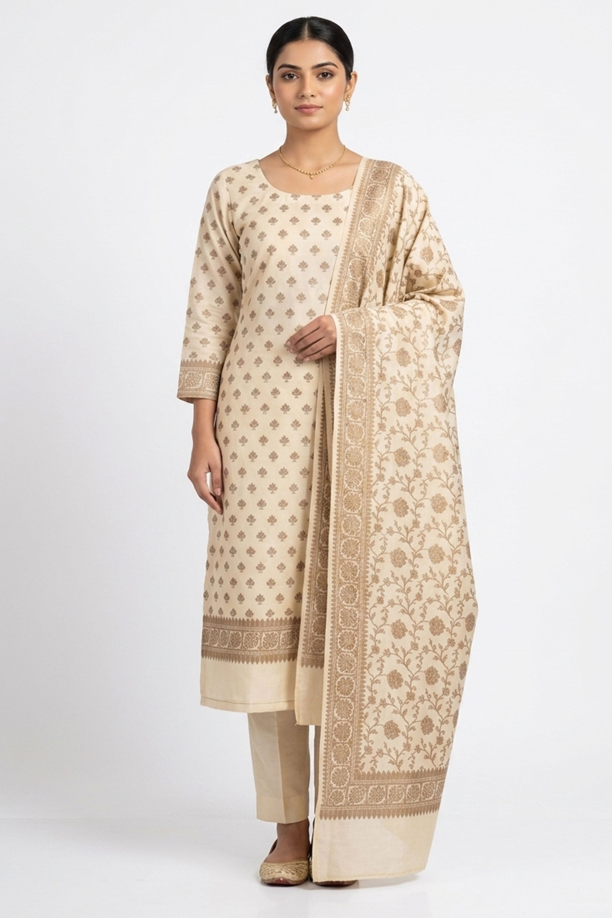 Cream and gold silk blend unstitched dress material with woven ethnic motifs and Banarasi border.