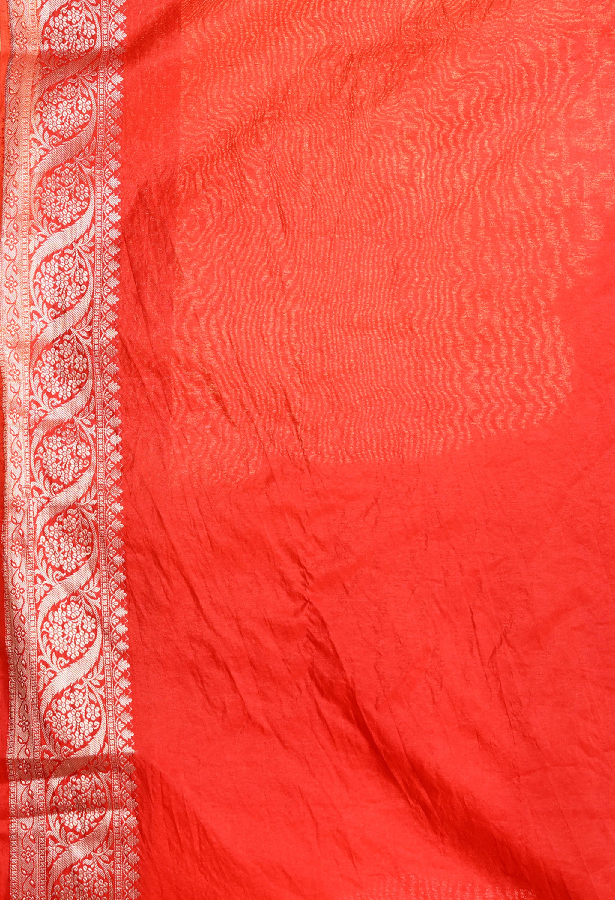 An 80 cm red saree blouse piece for a banarasi saree, with zari border 