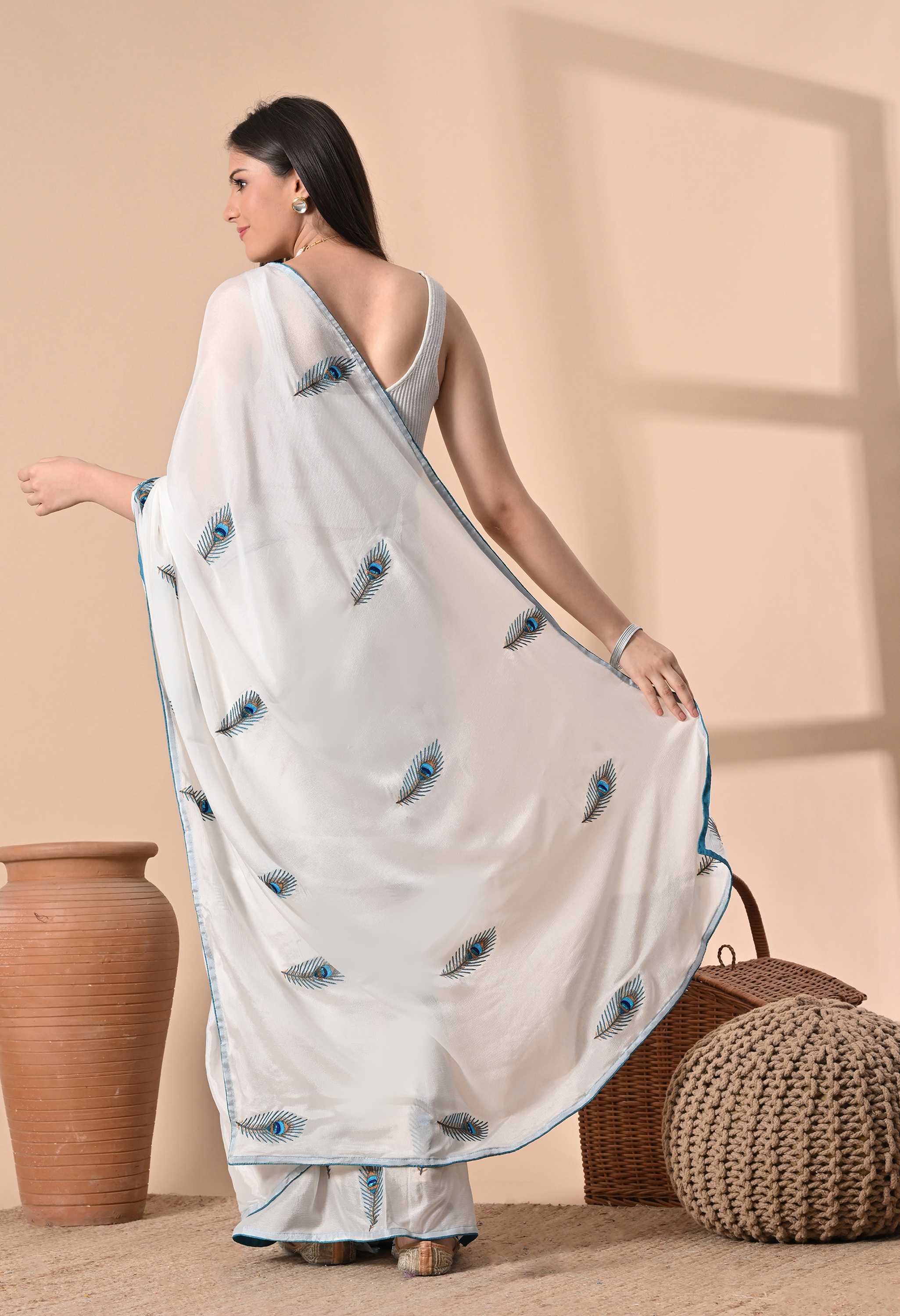 Best Handmade White Chiffon Saree