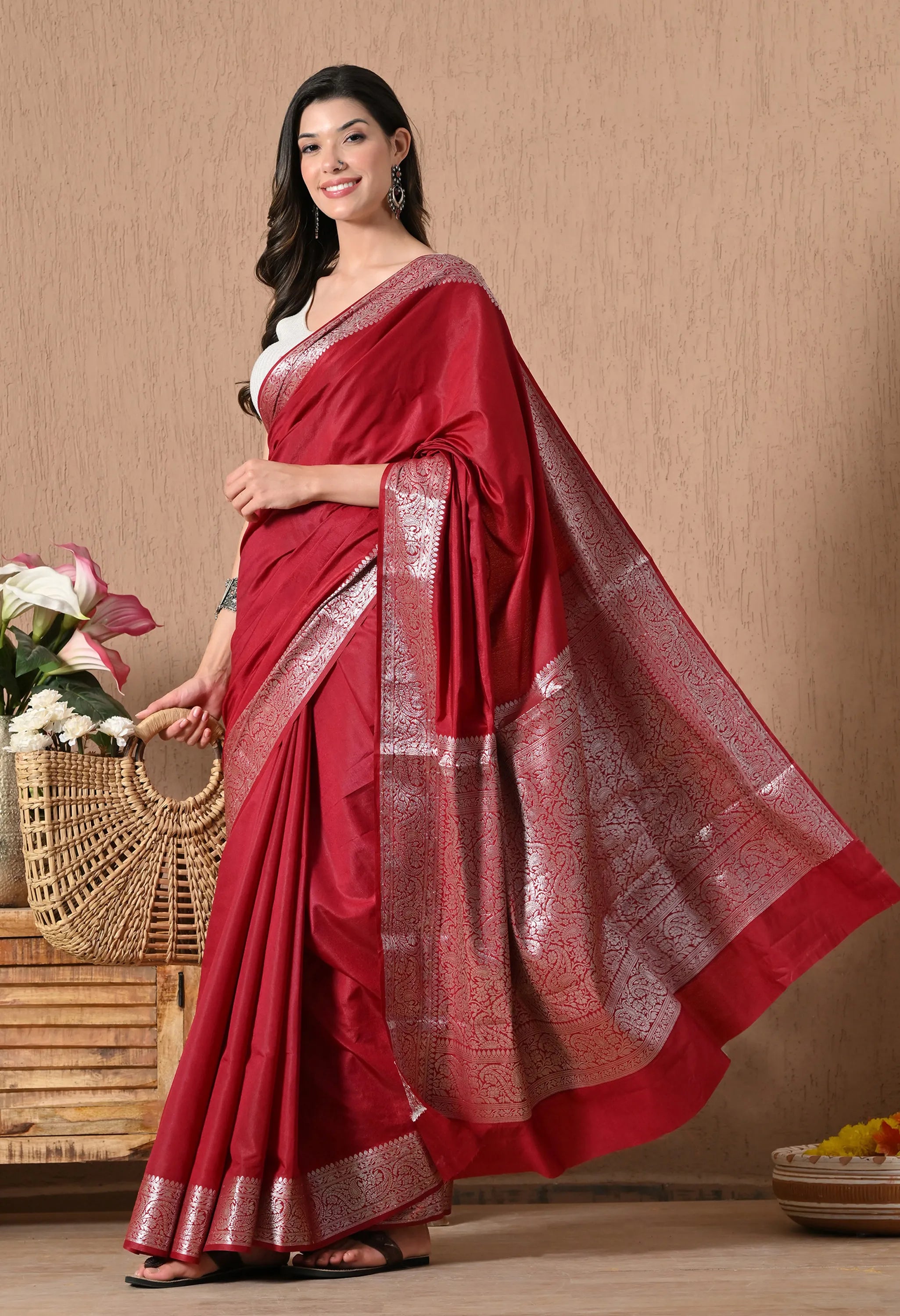 designer red silk saree