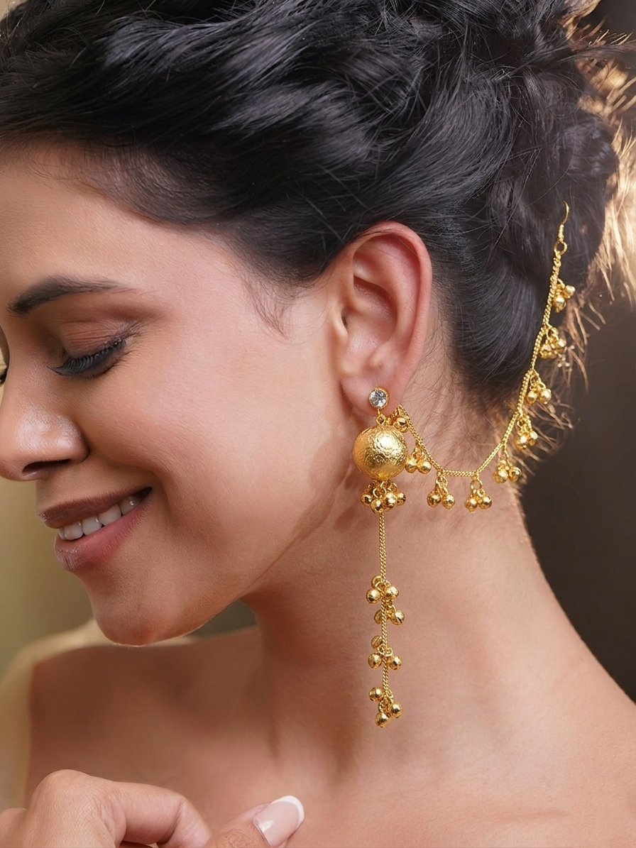 Handcrafted gold-plated Bahubali earrings with ghungroo drops and beaded hair chains (Sahare).