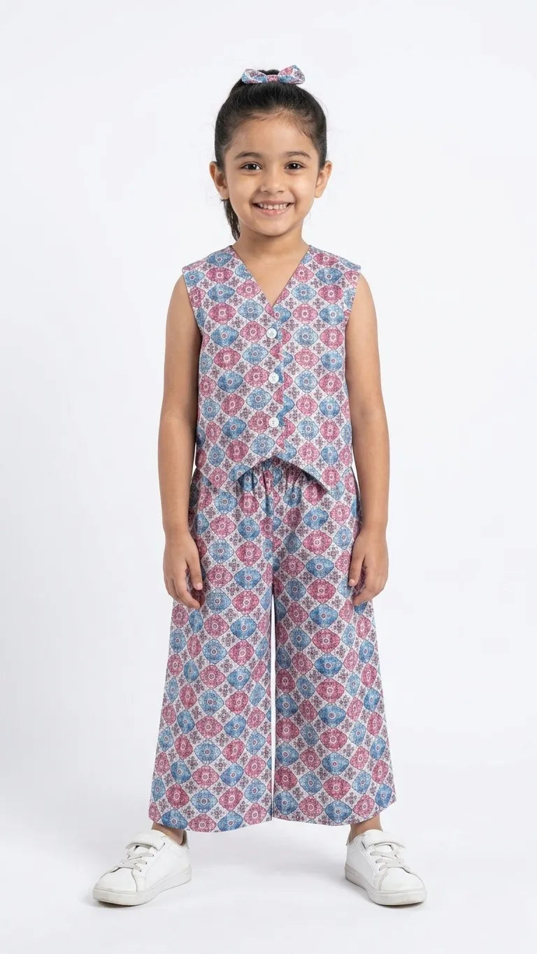 A young girl is smiling and posing in a coordinated two-piece ethnic-western outfit against a plain white background. The set features a sleeveless, V-neck waistcoat-style top with a button-down front and matching wide-leg trousers.