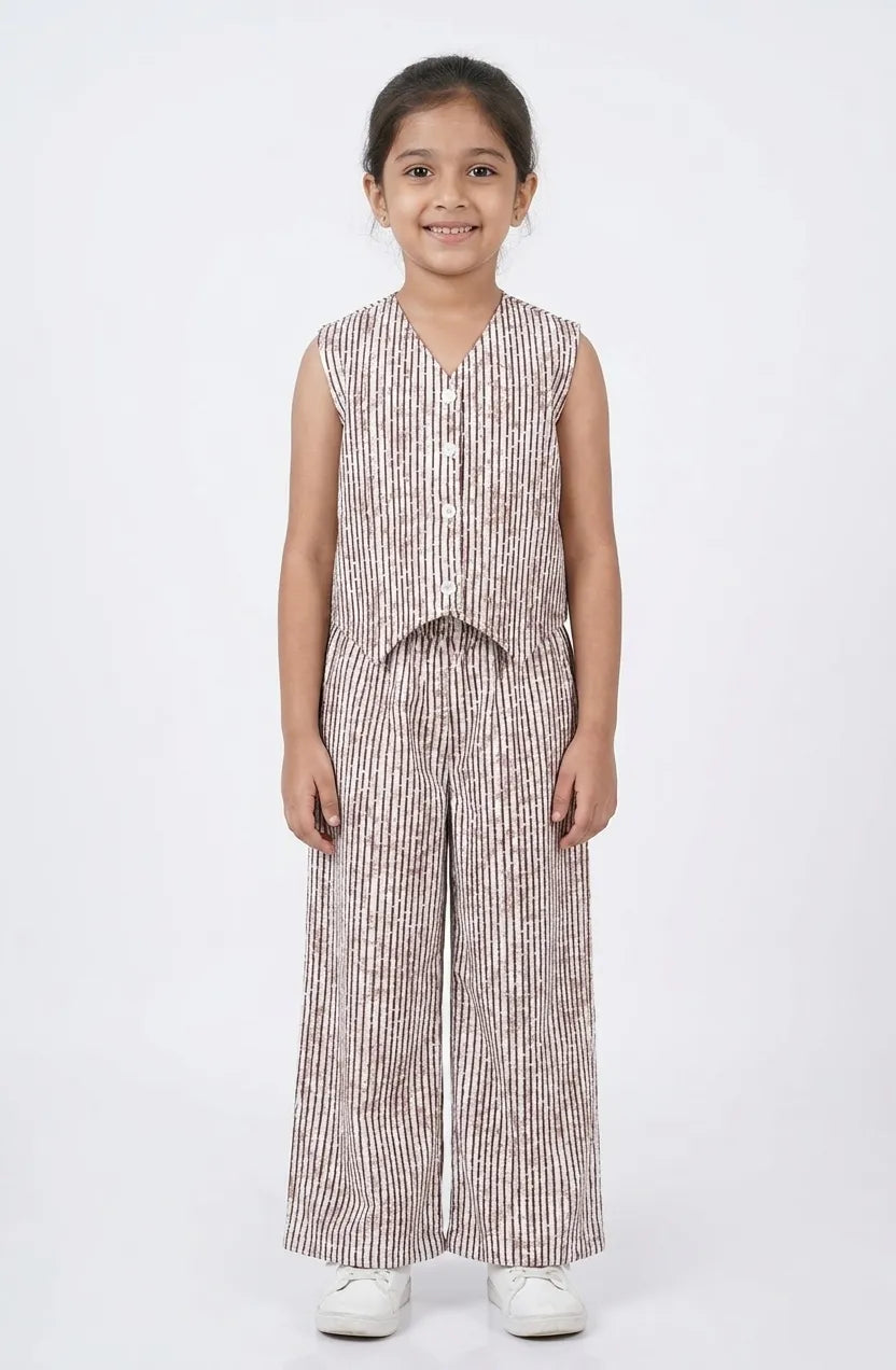 A young girl smiling in a brown and white striped cotton co-ord set featuring a button-up waistcoat top and wide-leg pants.
